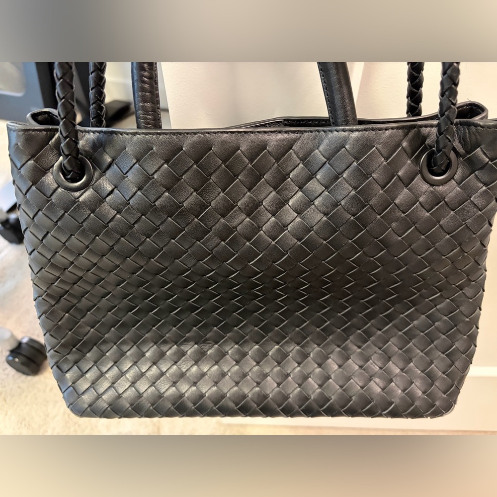 Quince Large Italian Leather Handwoven Satchel in Black EUC - Picture 3 of 9